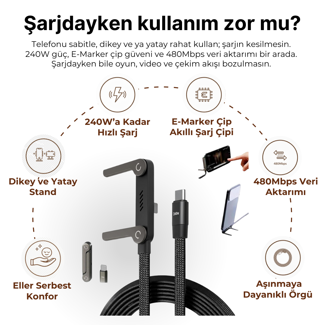 2’si 1 Arada Standlı Şarj Kablosu